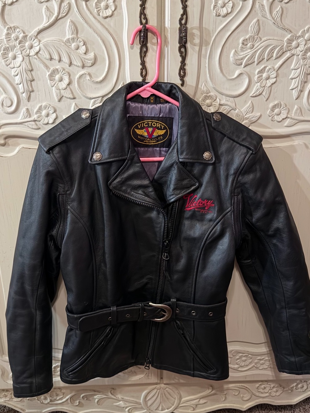 Victory Black Leather Women's Motorcycle Jacket with Belt